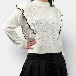 Marc New York Neutral White With Black Ruffle Trim Pullover Sweater